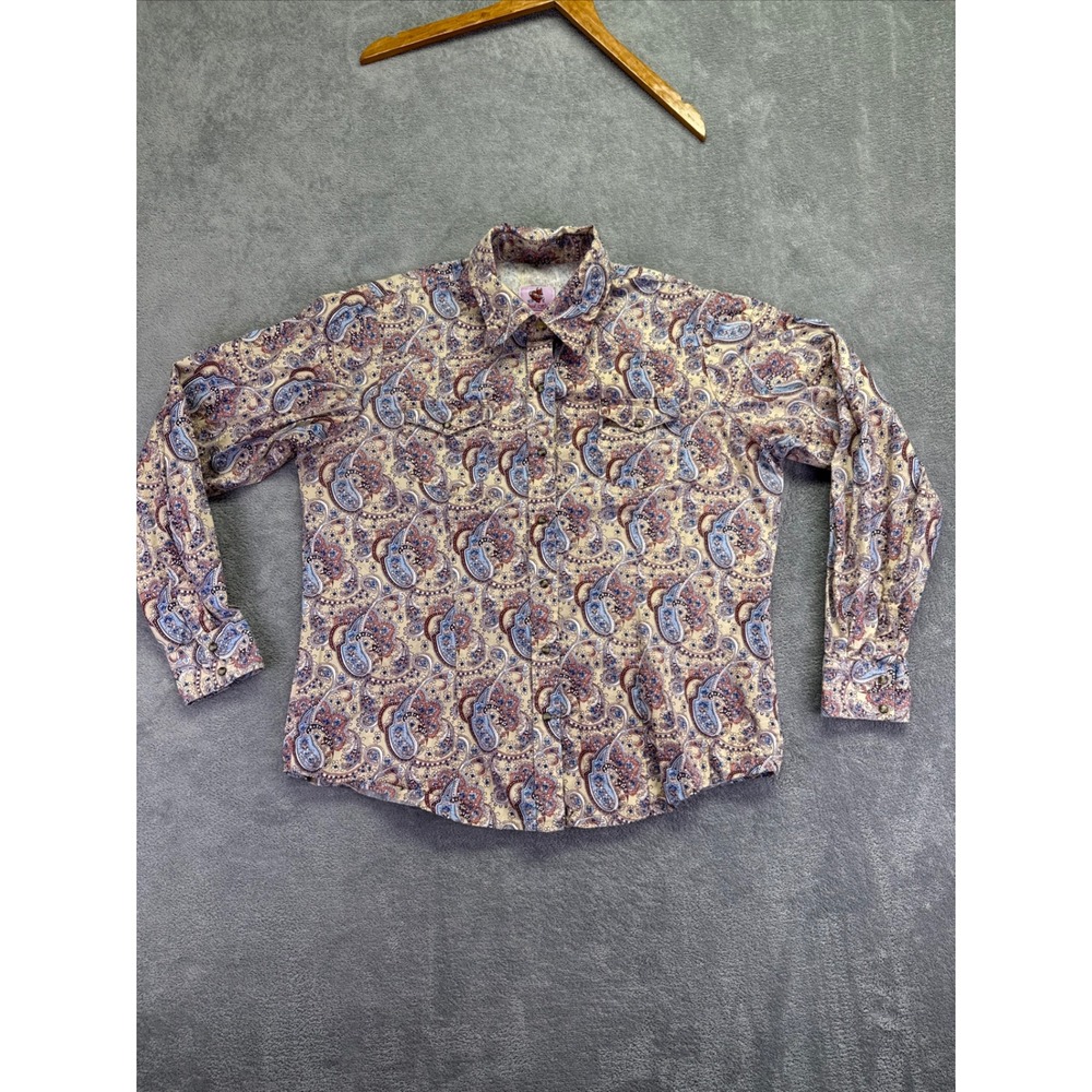 Wired Heart Mens XL Paisley Western Button Down Shirt Long Sleeve Tan Blue‎